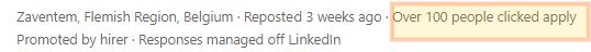 Screenshot of a LinkedIn job posting showing over 100 people clicked apply in Flemish Region, Belgium